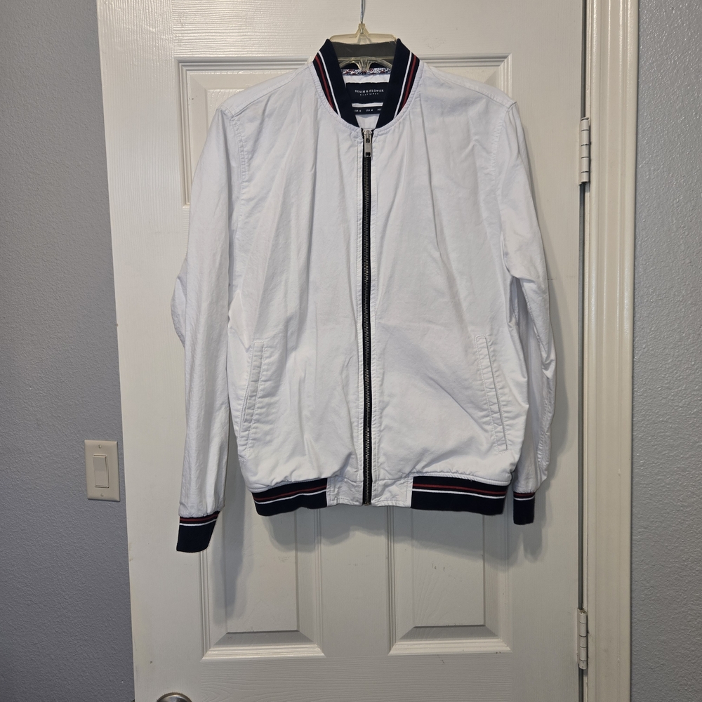 Denim & Flower White Bomber Jacket with Navy and Red Trim